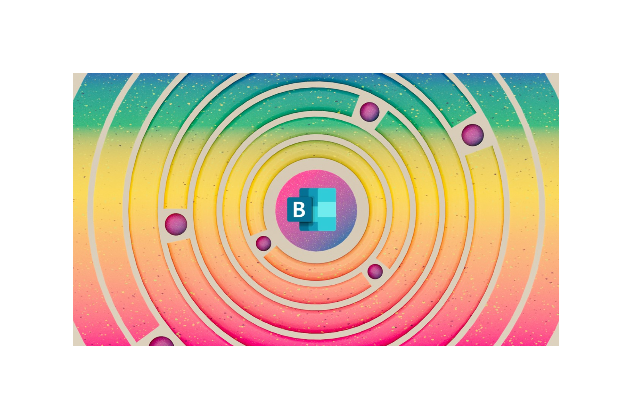 Colorful concentric rings and orbiting shapes around the Bookings logo.