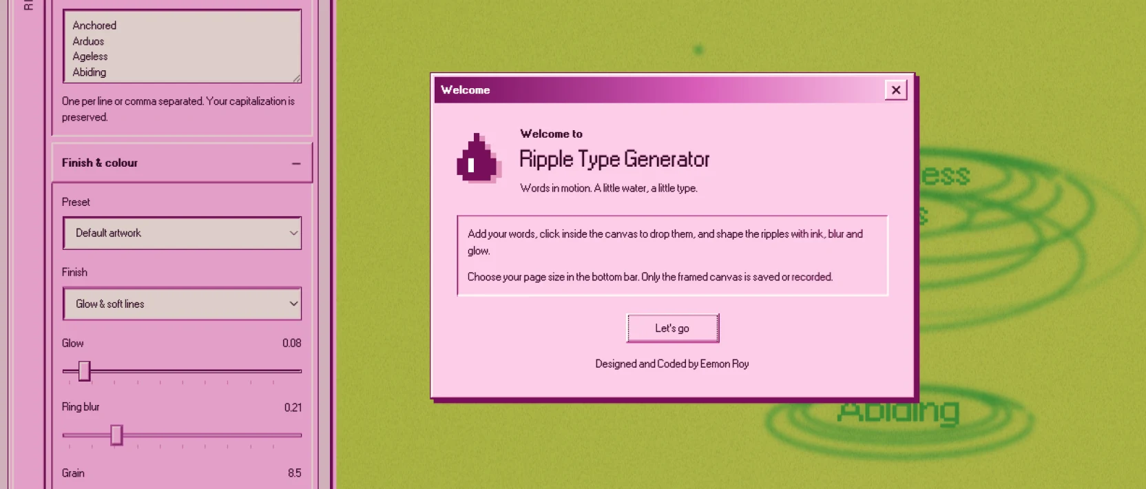 Ripple Type Generator interface with its welcome dialog open