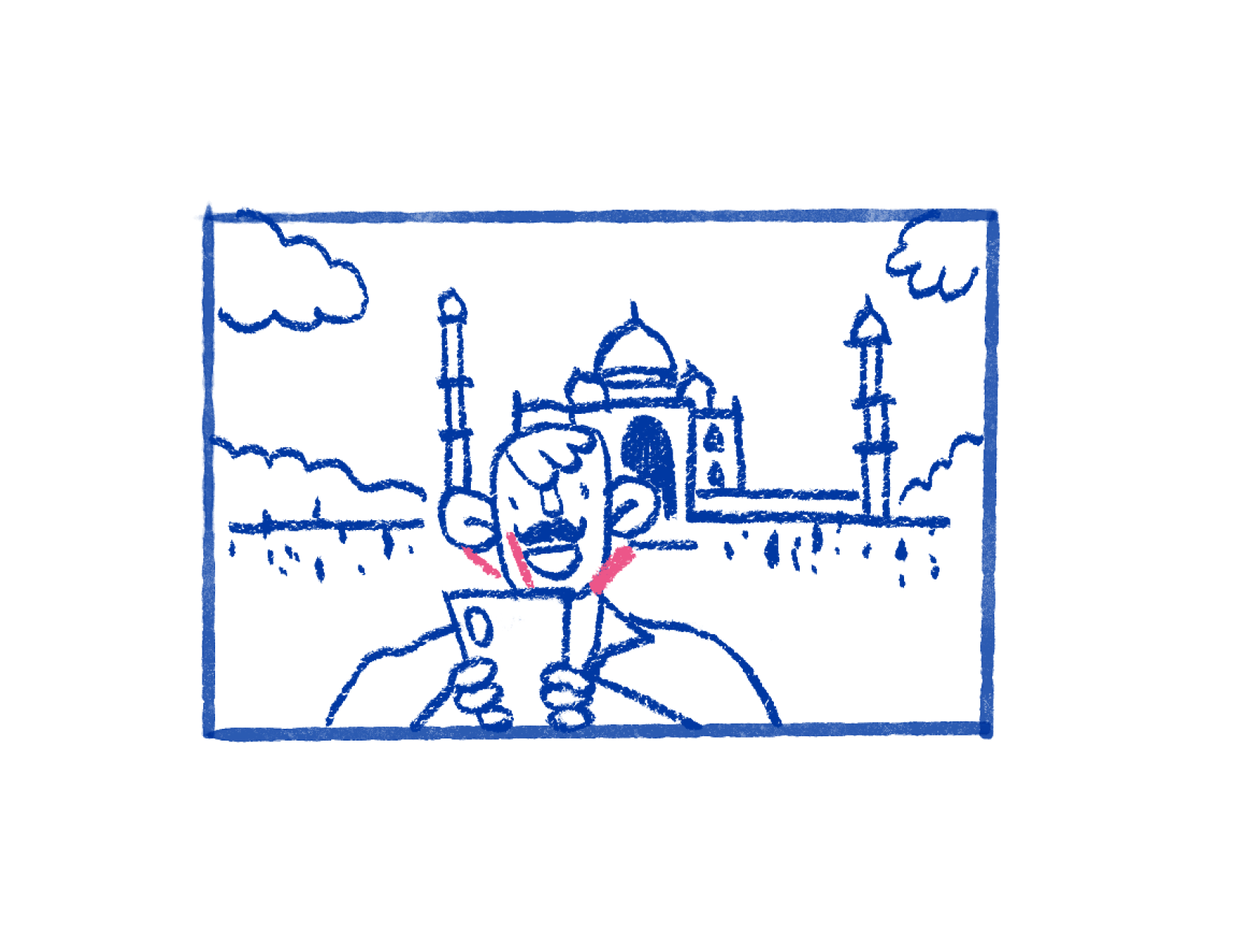 A person using a mobile phone in front of the Taj Mahal.